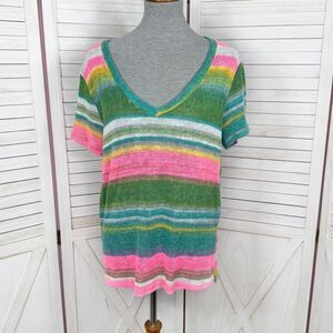 Cherish Striped‎ Mesh Knit V Neck Short Sleeve Tee Shirt Green Pink Small